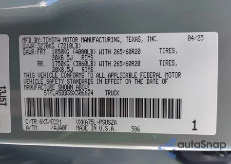 2025 Toyota Tundra Sr5 4Wd from USA, damaged, VIN 5TFLA5DB3SX306624